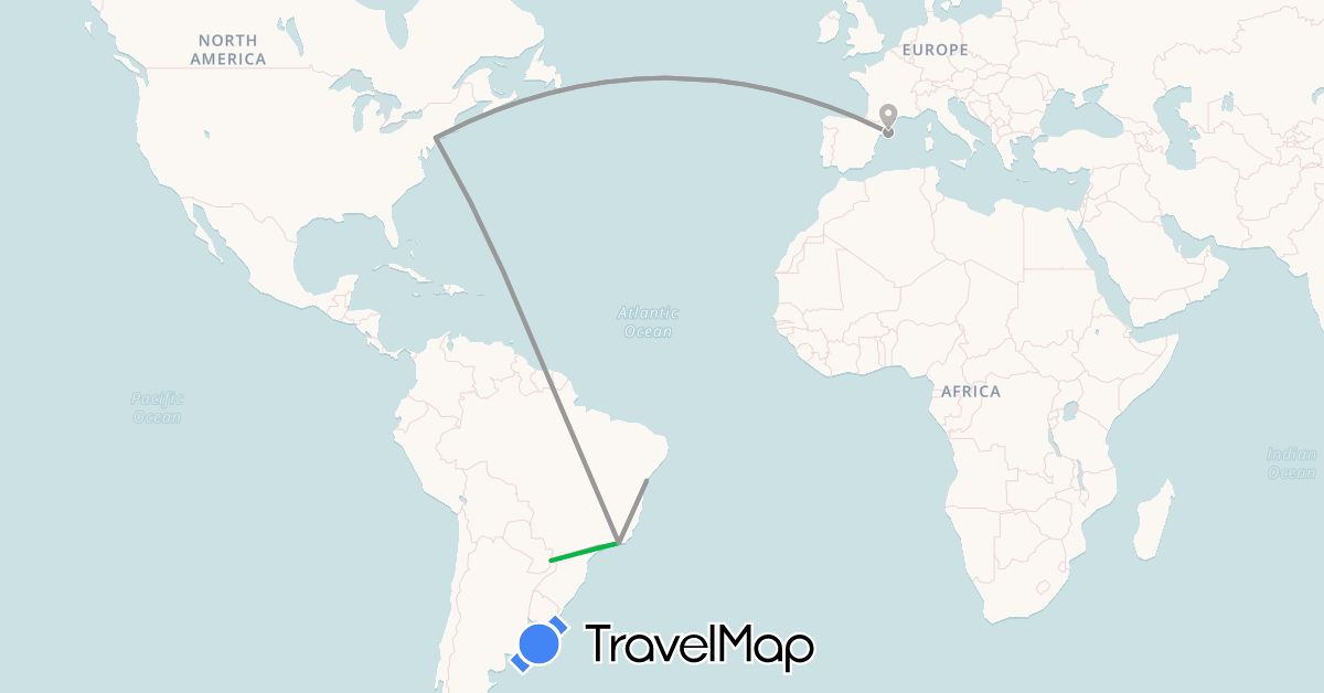 TravelMap itinerary: driving, bus, plane in Argentina, Brazil, Spain, United States (Europe, North America, South America)